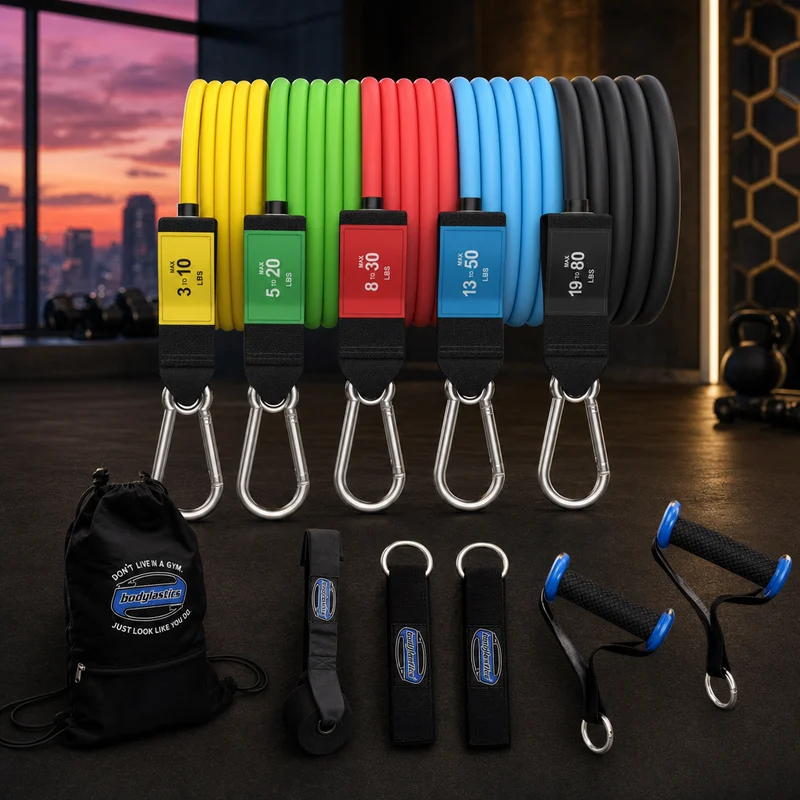 Bodylastics Max Tension resistance bands set with color-coded clip tubes, foam handles, ankle straps and a door anchor system — from Amazon listing