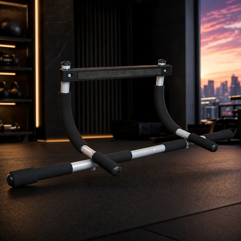 Iron Gym Total Upper Body Workout Bar doorway pull-up bar in black steel with multiple grip positions, mounted in a door frame — from Amazon listing