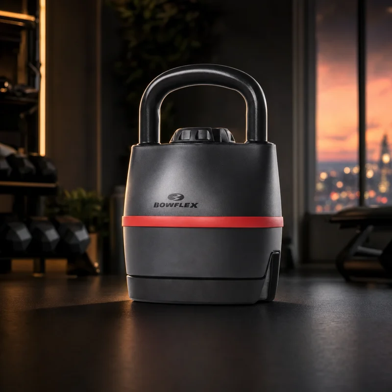 BowFlex SelectTech 840 adjustable kettlebell in black with a dial that selects 8 to 40 pounds, replacing six kettlebells — from Amazon listing