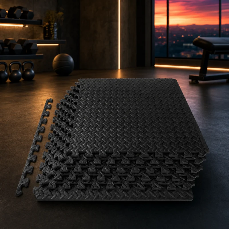 ProsourceFit half-inch black EVA foam interlocking puzzle exercise floor tiles laid out as a home-gym mat surface — from Amazon listing