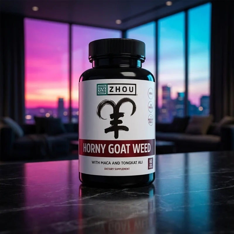 Zhou Nutrition Horny Goat Weed Sexual Energy Complex with maca, saw palmetto and tongkat ali, 60-capsule bottle — Amazon listing photo