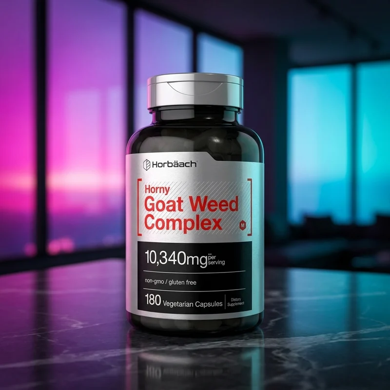 Horbäach Horny Goat Weed Complex with tribulus, maca, yohimbe and L-arginine, 180-capsule bottle — Amazon listing photo