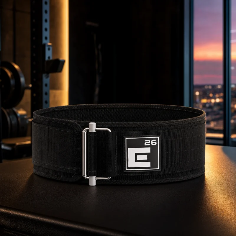 Element 26 self-locking nylon weightlifting belt, black, with steel roller buckle and velcro strap — from Amazon listing