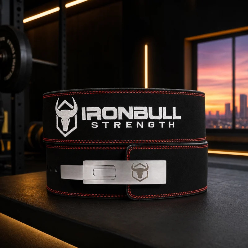 Iron Bull Strength 10mm leather powerlifting lever belt, black, 4-inch even width with metal lever buckle — from Amazon listing