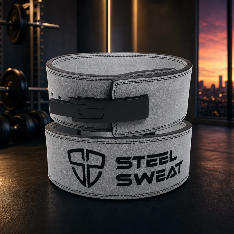 Steel Sweat 10mm genuine leather lever belt, grey, 4-inch even width with quick-release metal lever — from Amazon listing