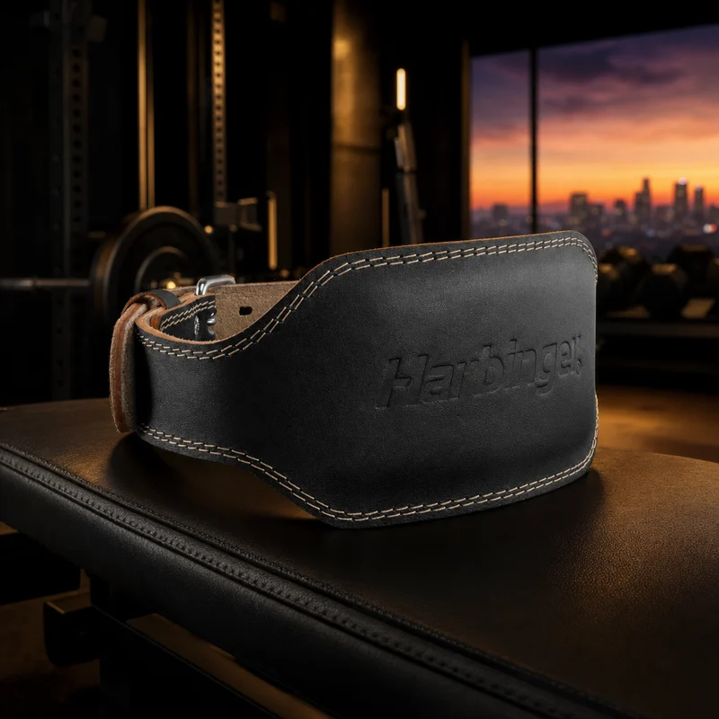Harbinger padded contoured leather weightlifting belt, black with suede lining and steel roller double-prong buckle — from Amazon listing