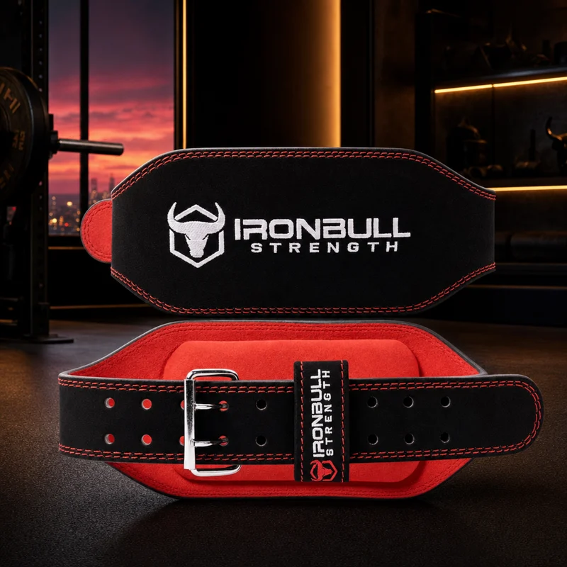 Iron Bull Strength 6-inch padded suede leather weightlifting belt, black and red, contoured for back support — from Amazon listing