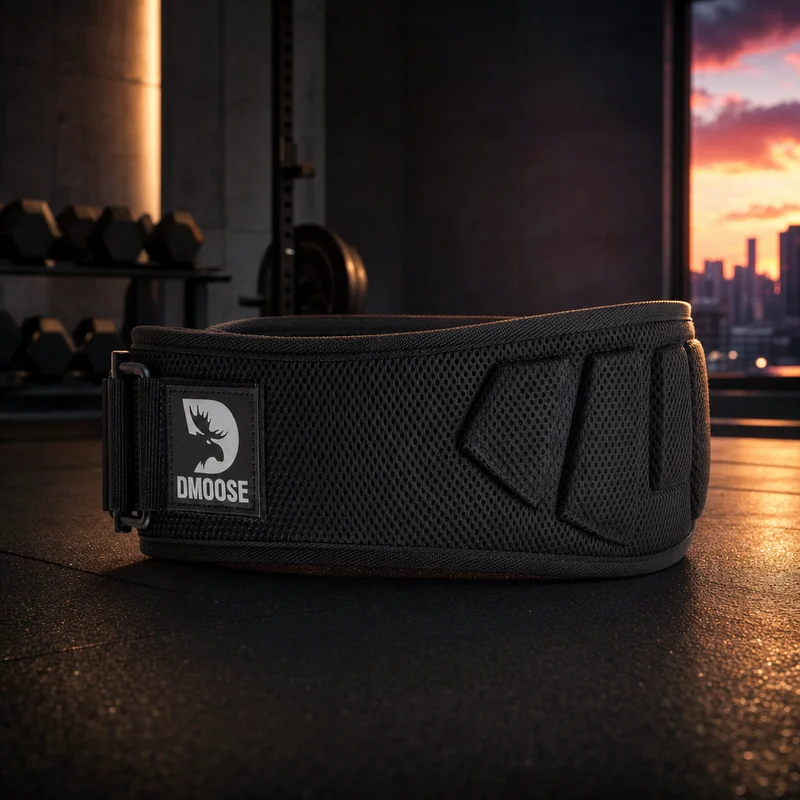 DMoose 6-inch neoprene weightlifting belt, black, flexible with wide hook-and-loop velcro closure — from Amazon listing