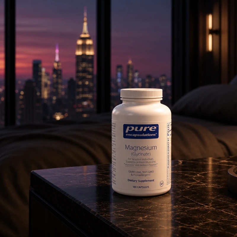 Pure Encapsulations Magnesium Glycinate 120 mg, 180 capsules — bottle in the SAC bedroom scene