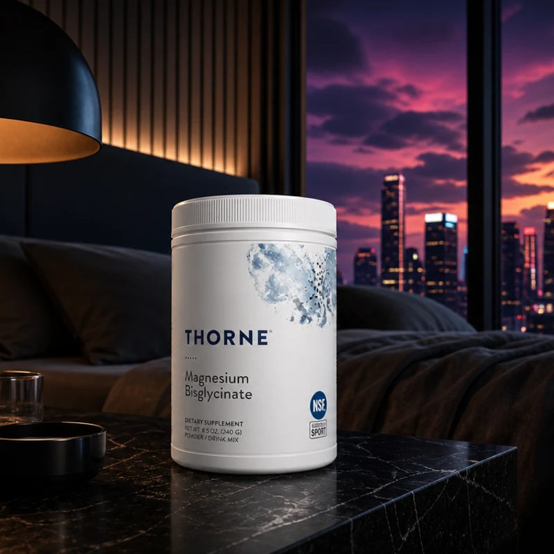 Thorne Magnesium Bisglycinate drink-mix powder — container in the SAC bedroom scene