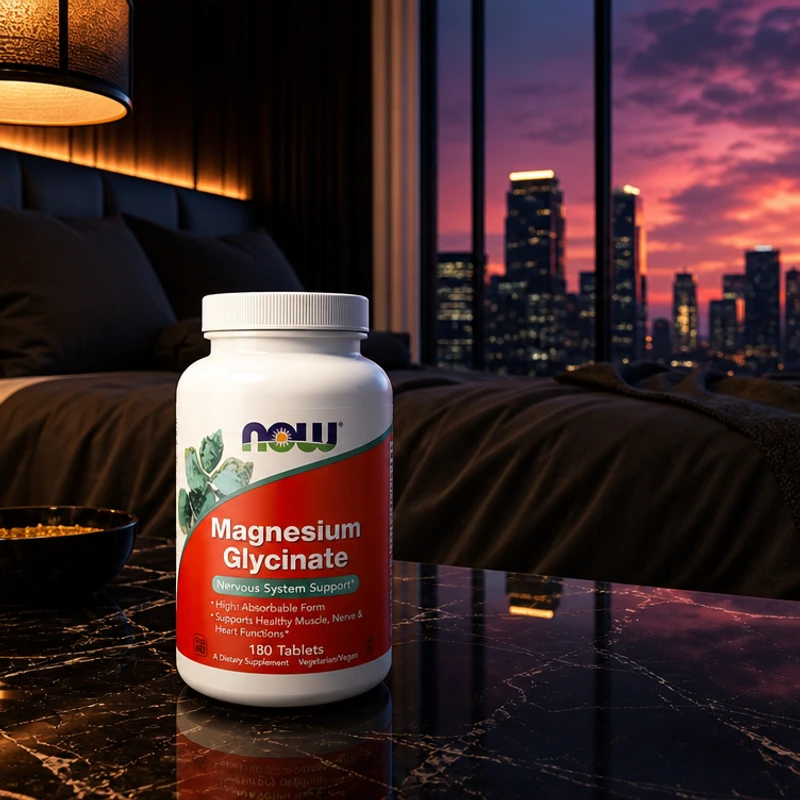 NOW Foods Magnesium Glycinate, 180 tablets — bottle in the SAC bedroom scene