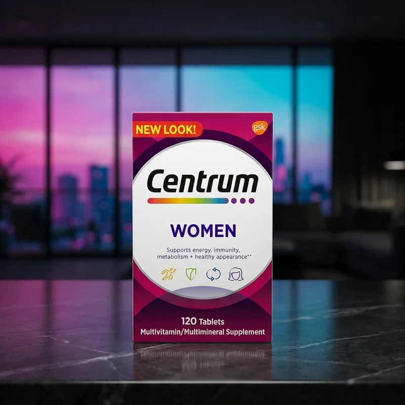 Centrum Women Multivitamin bottle — 120 tablets, mainstream women's one-a-day formula