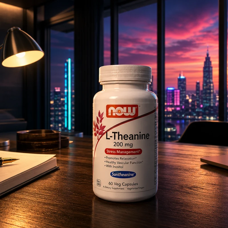 NOW Foods L-Theanine 200 mg, 60 capsules — bottle from Amazon listing