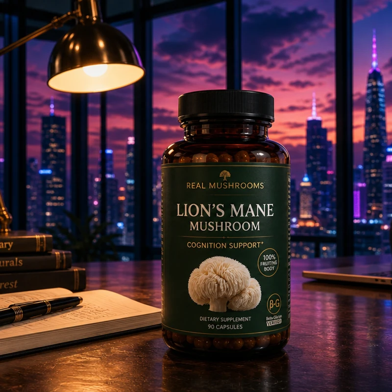 Real Mushrooms Lion's Mane fruiting body extract, 120 capsules — bottle from Amazon listing