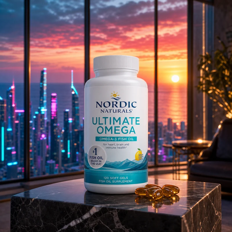 Nordic Naturals Ultimate Omega 1280 mg bottle, 120 lemon-flavoured softgels in the SAC luxe-interior scene