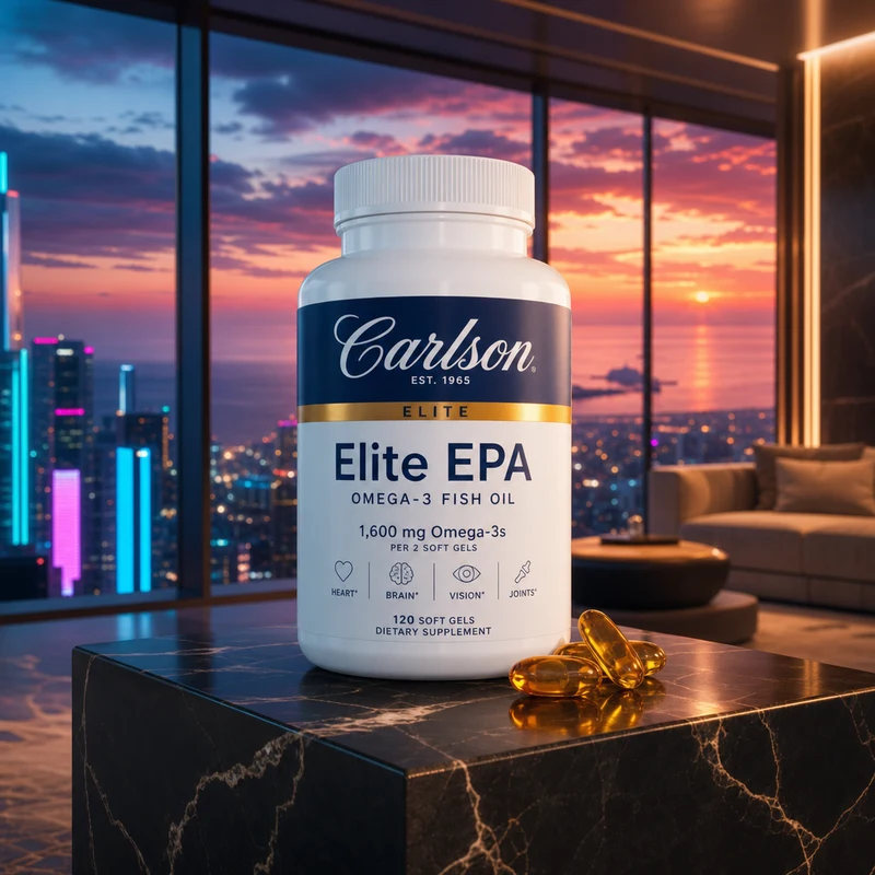 Carlson Elite EPA 1600 mg, 60 softgels — high-EPA bottle in the SAC luxe-interior scene