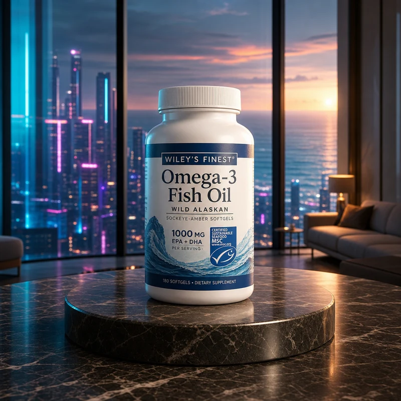 Wiley's Finest Wild Alaskan Fish Oil 1000 mg, 60 softgels — MSC-certified bottle in the SAC luxe-interior scene