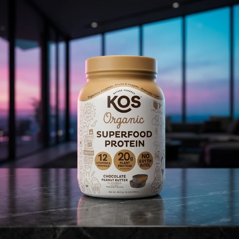 KOS Organic Plant-Based Protein Chocolate Peanut Butter tub — from the Amazon listing