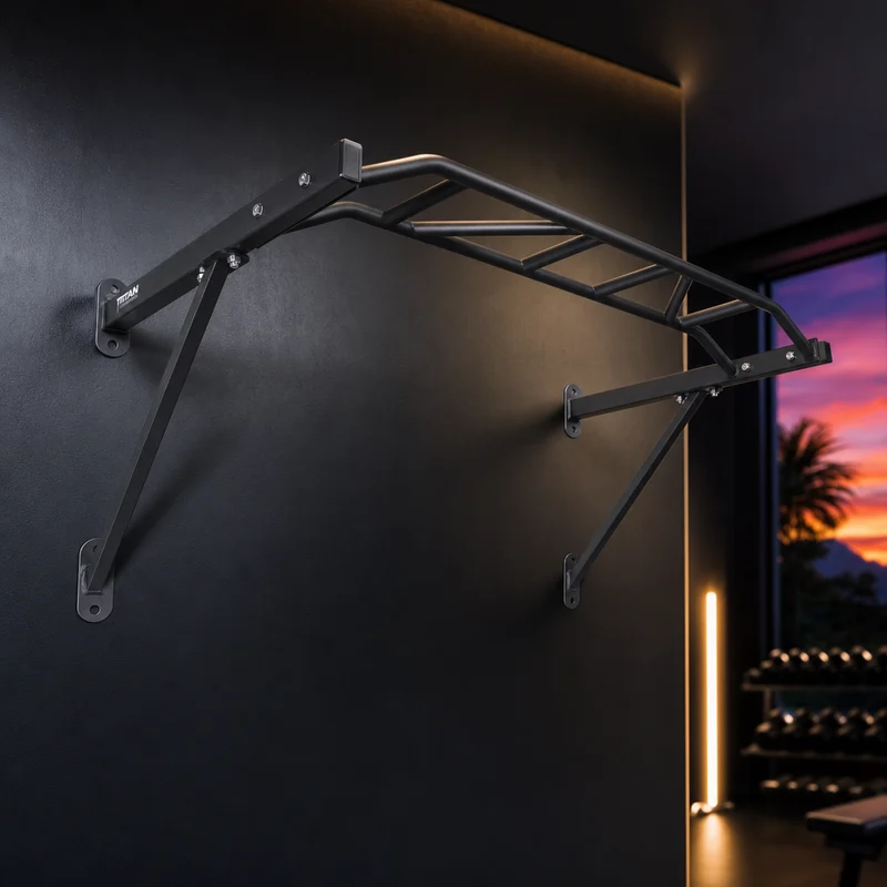 Titan Fitness HD multi-grip wall-mounted pull-up bar, black welded steel with wide, narrow and neutral handles — from Amazon listing