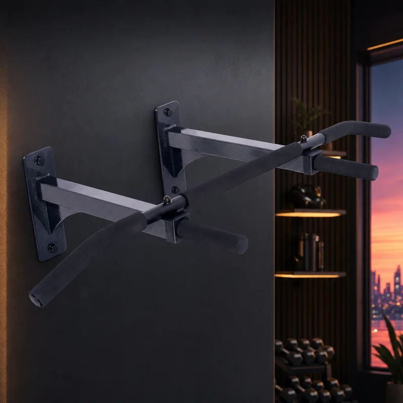 Ultimate Body Press wall-mounted pull-up bar, black steel with multiple grip positions and extended risers off the wall — from Amazon listing