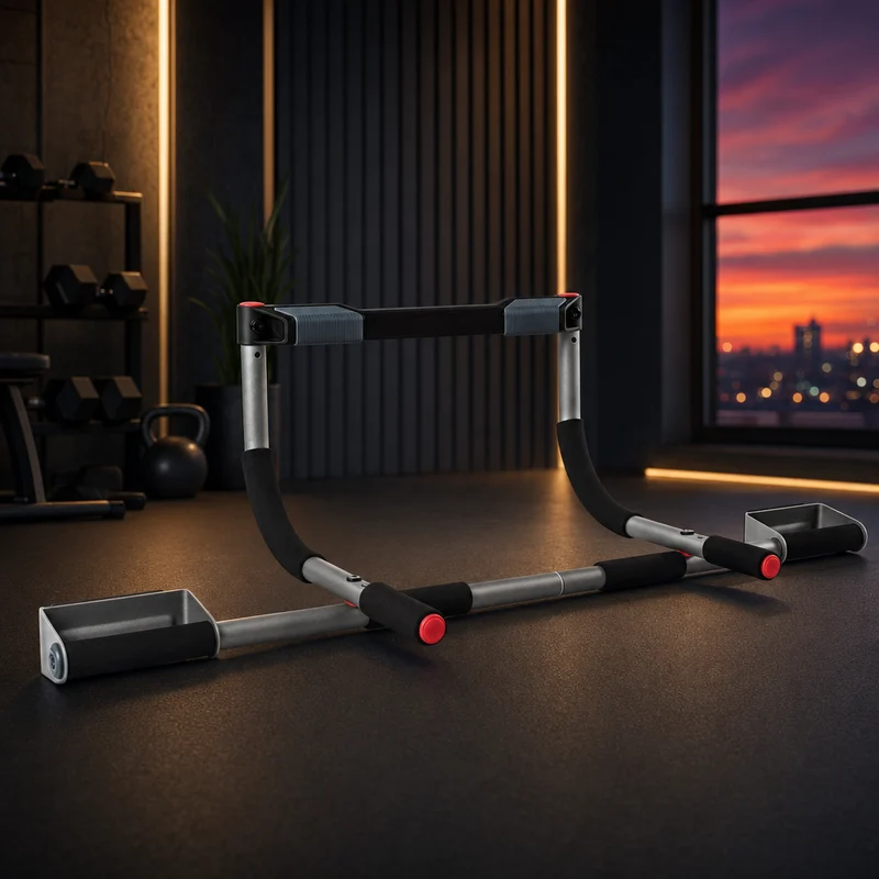 Perfect Fitness Multi-Gym Pro doorway pull-up bar, black with curved ergonomic padded handles and door-frame guard — from Amazon listing