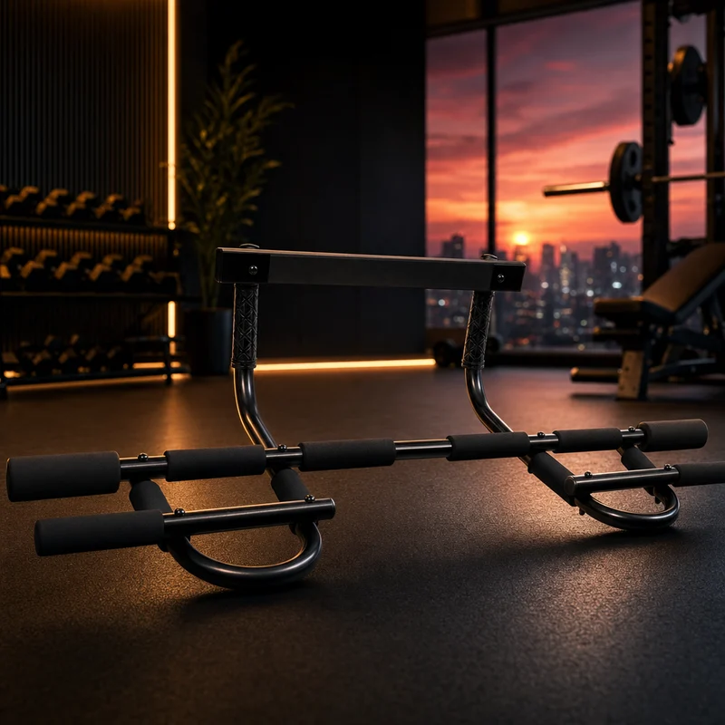 ProsourceFit multi-grip chin-up and pull-up bar, black doorway trainer with twelve cushioned grip positions — from Amazon listing