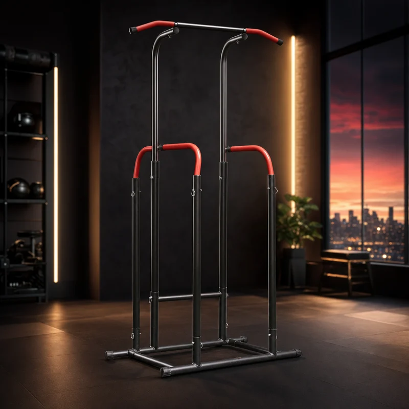 Sunny Health and Fitness multi-function power tower, black free-standing steel frame with pull-up bar, dip station and captain's chair — from Amazon listing