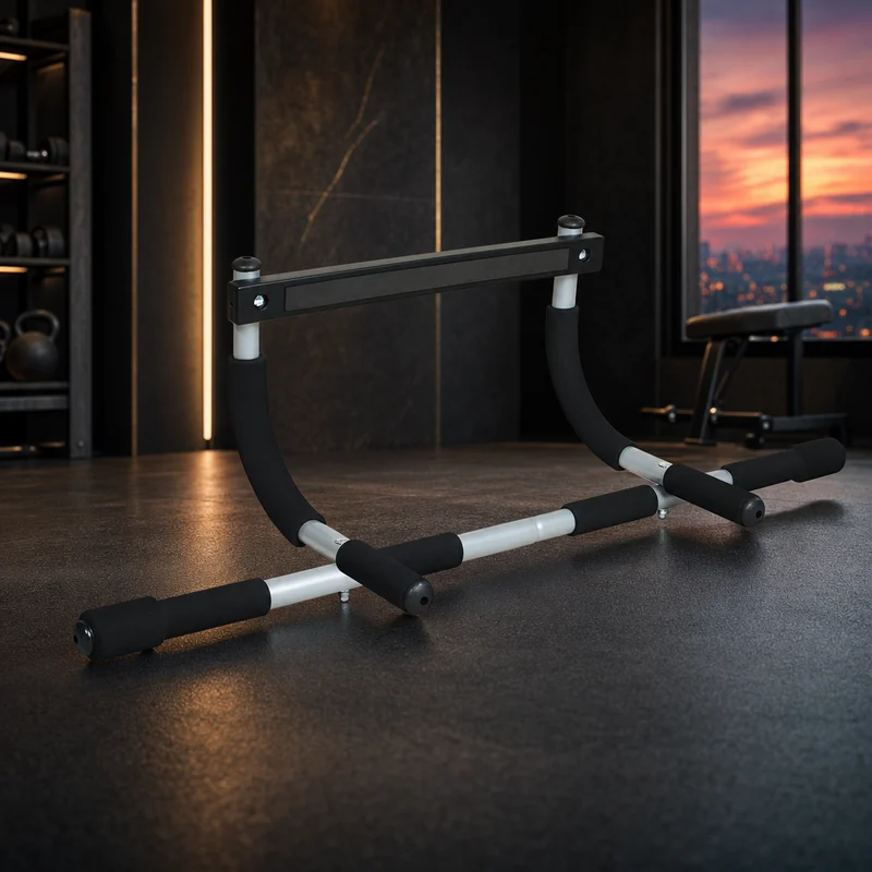 Iron Gym Total Upper Body Workout Bar, black doorway leverage-mount pull-up bar with foam grips — from Amazon listing
