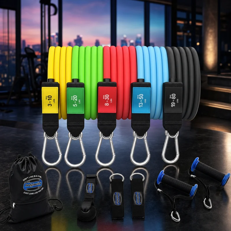 Bodylastics Basic Series resistance band set with foam handles, ankle straps, door anchor and color-coded clip tubes — from Amazon listing