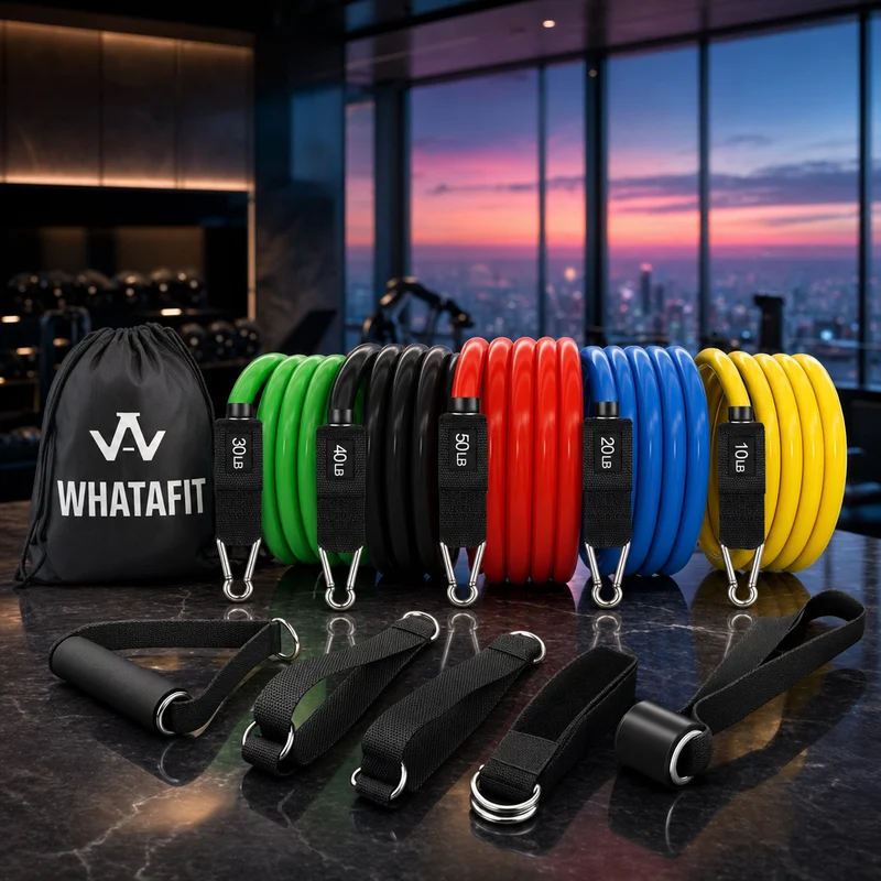 WHATAFIT resistance bands set with five color-coded latex tubes, foam handles, ankle straps and door anchor in a carry bag — from Amazon listing