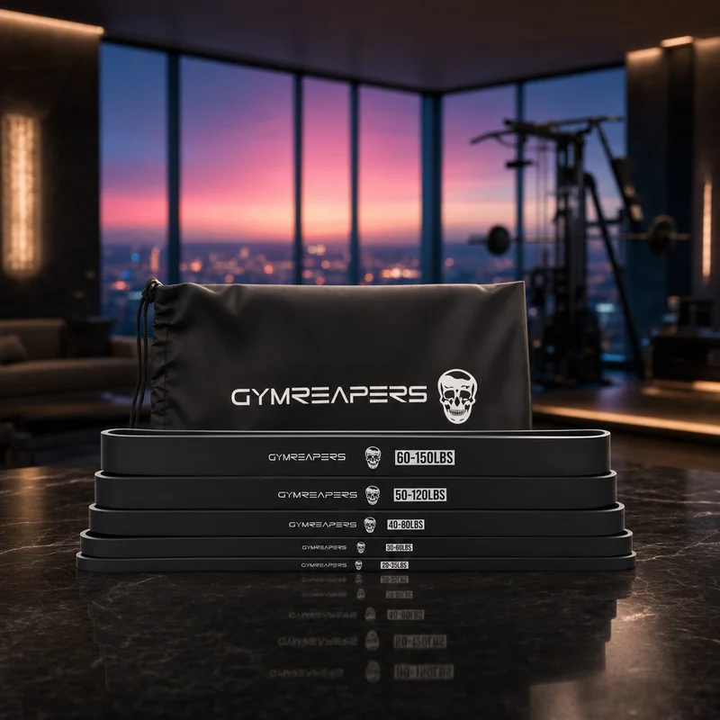Gymreapers all-black natural latex power bands set, five 41-inch loops with resistance levels printed on each band — from Amazon listing