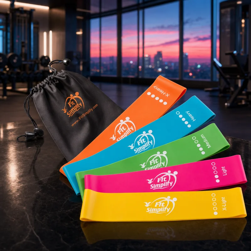 Fit Simplify set of five color-coded natural latex resistance loop bands with carry bag — from Amazon listing