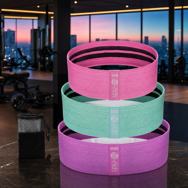 Te-Rich set of three fabric resistance loop bands in grey tones for legs and glutes, with carry pouch — from Amazon listing