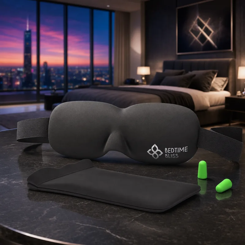 Bedtime Bliss Contoured Sleep Mask with ear plugs and carry pouch — from Amazon listing