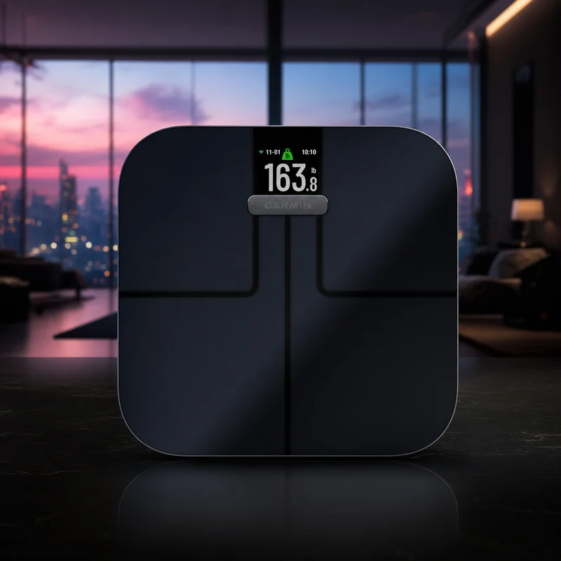 Garmin Index S2 Wi-Fi smart scale, black square platform with color display — from Amazon listing