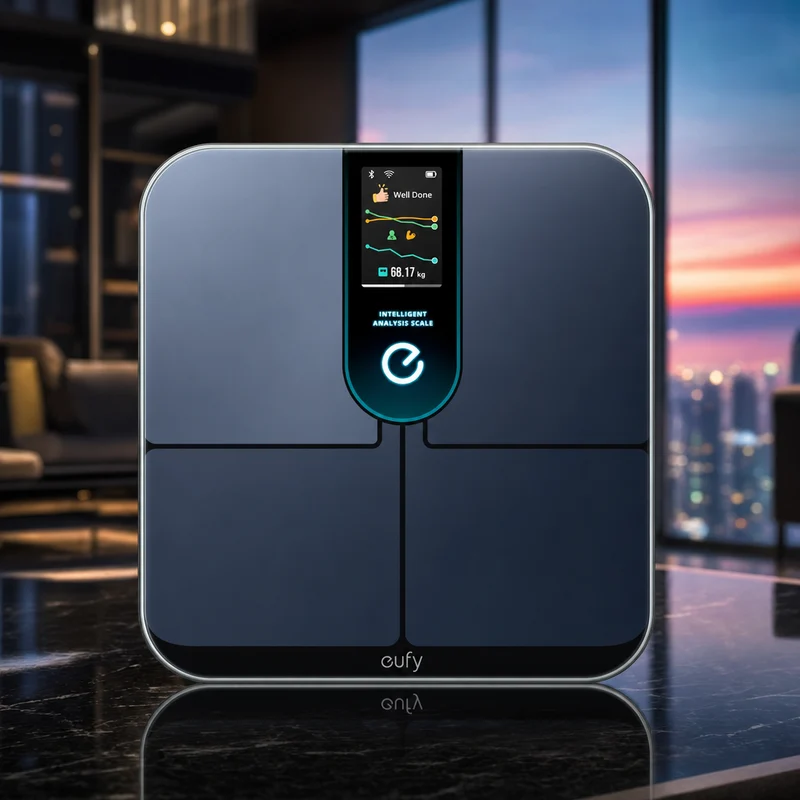 eufy Smart Scale P3 with large color display and white tempered-glass platform — from Amazon listing