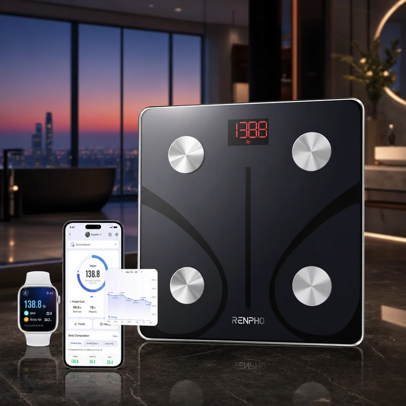 Renpho Elis 1 Bluetooth body fat smart scale, black tempered-glass platform — from Amazon listing
