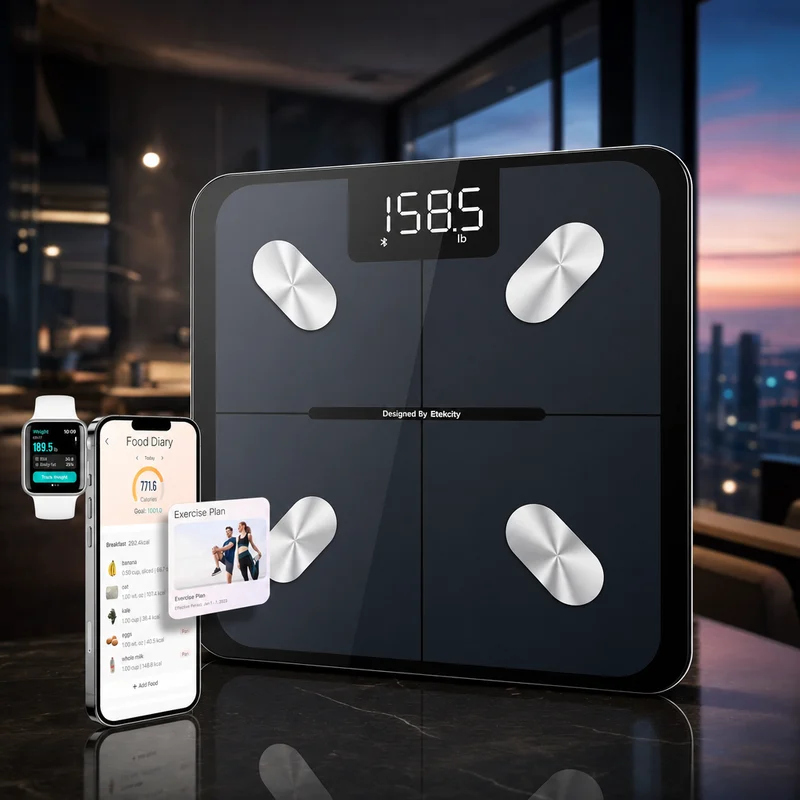 Etekcity smart fitness scale for body weight and fat, black tempered-glass platform with LED display — from Amazon listing
