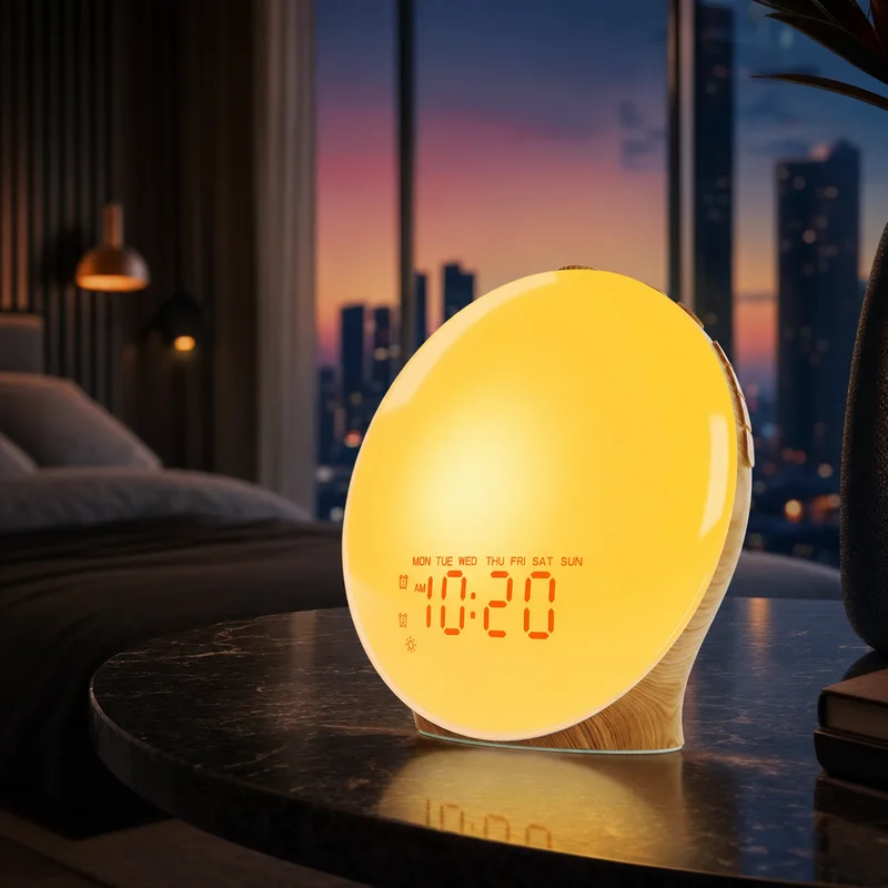 JALL Wake Up Light sunrise alarm clock, wood grain finish — from Amazon listing