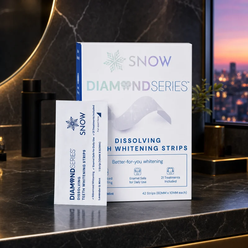 SNOW Magic Teeth Whitening dissolving strips, enamel-safe — from Amazon listing