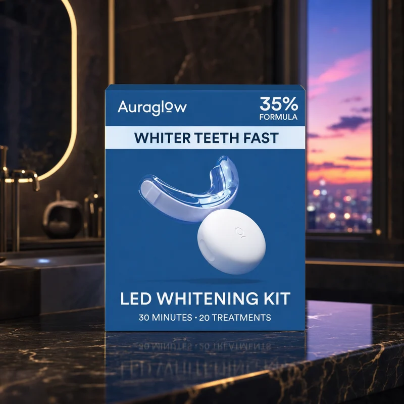 AuraGlow teeth whitening kit with 35% carbamide peroxide gel syringes, LED light and trays — from Amazon listing