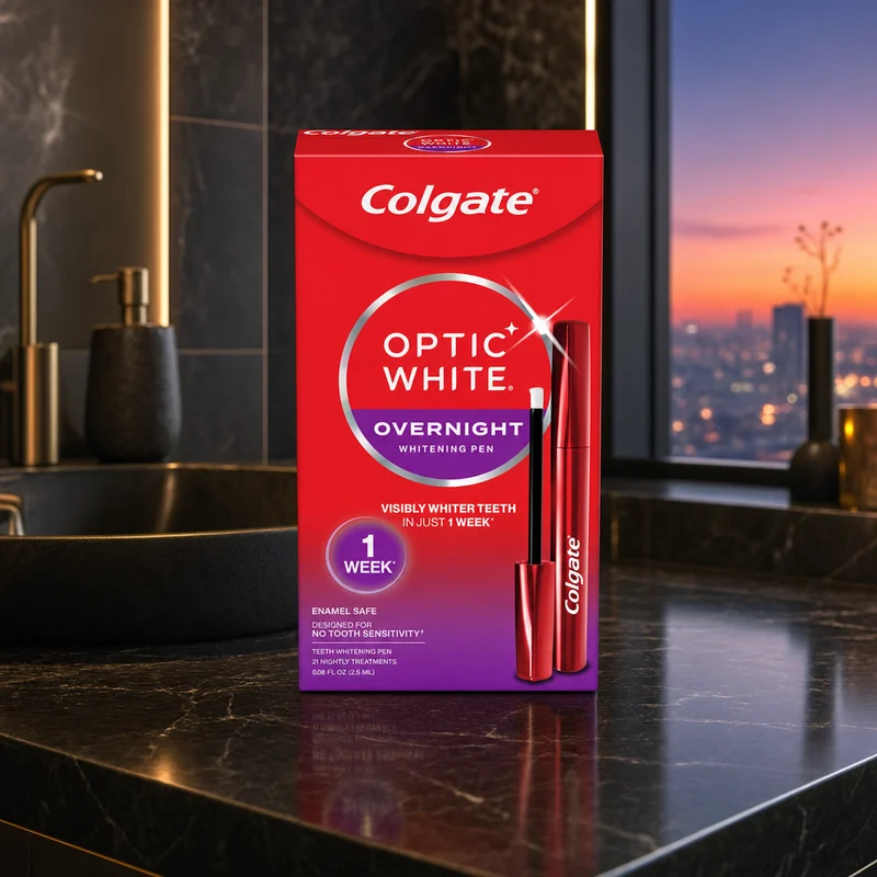 Colgate Optic White Overnight Teeth Whitening Pen, enamel-safe leave-on — from Amazon listing