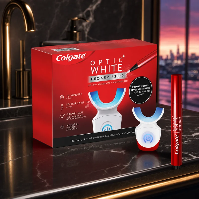 Colgate Optic White Pro Series whitening kit with hydrogen-peroxide pen and rechargeable LED tray — from Amazon listing
