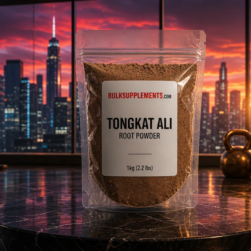 Mortar of reddish-brown tongkat extract powder with scale and capsules — cheapest by weight