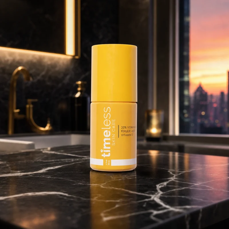 Timeless 20% Vitamin C + E Ferulic Acid Serum in a frosted glass dropper bottle with white label — from the Amazon listing