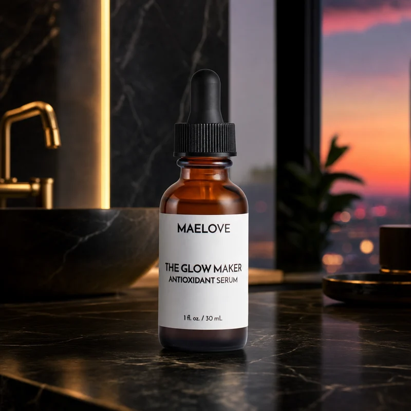 Maelove The Original Glow Maker vitamin C serum in a frosted glass bottle with dropper — from the Amazon listing
