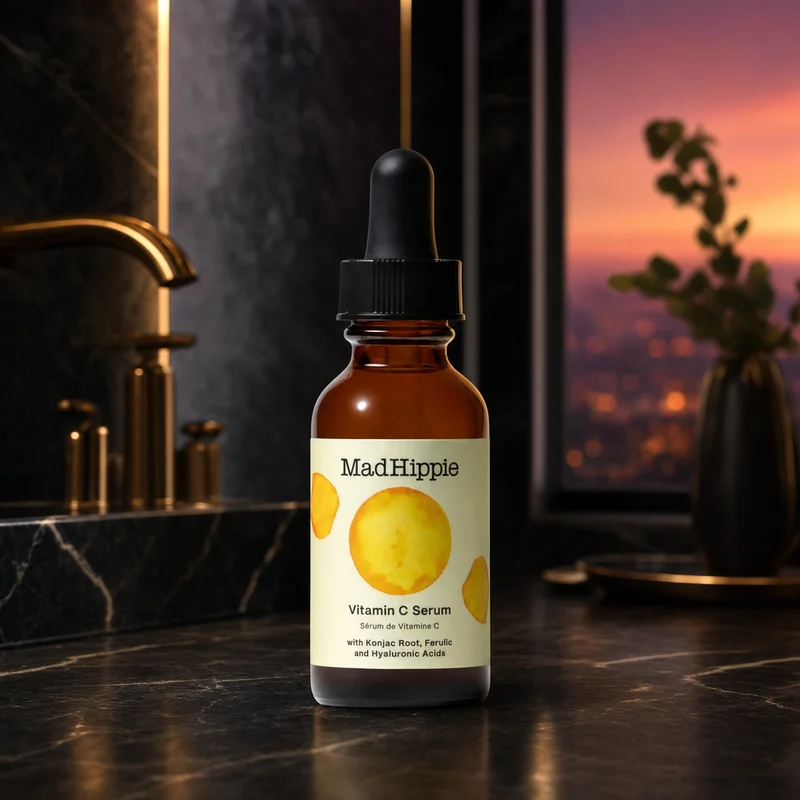 Mad Hippie Vitamin C Serum in a frosted airless pump bottle with teal-and-white label — from the Amazon listing