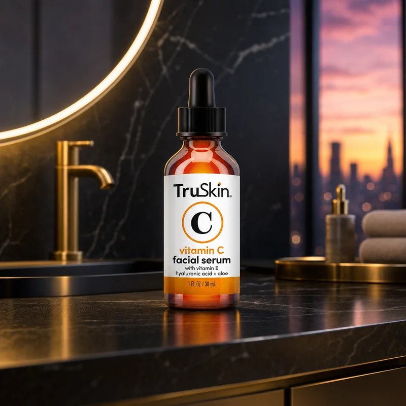 TruSkin Vitamin C Serum in an amber glass dropper bottle with black-and-white label — from the Amazon listing