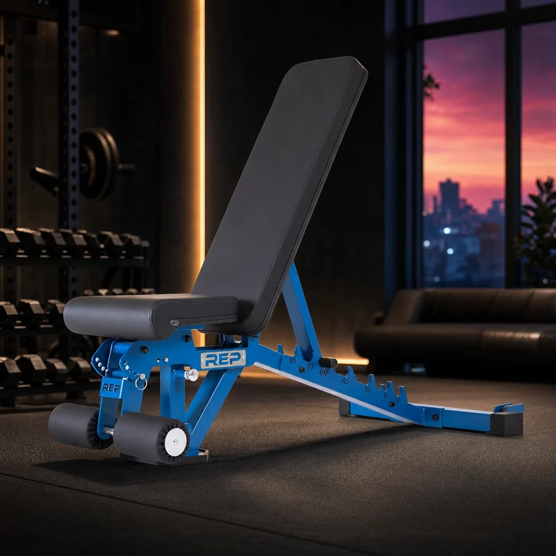 REP Fitness AB-3000 FID adjustable weight bench in matte black, set to incline with firm padded seat and back, commercial-grade steel frame — from Amazon listing