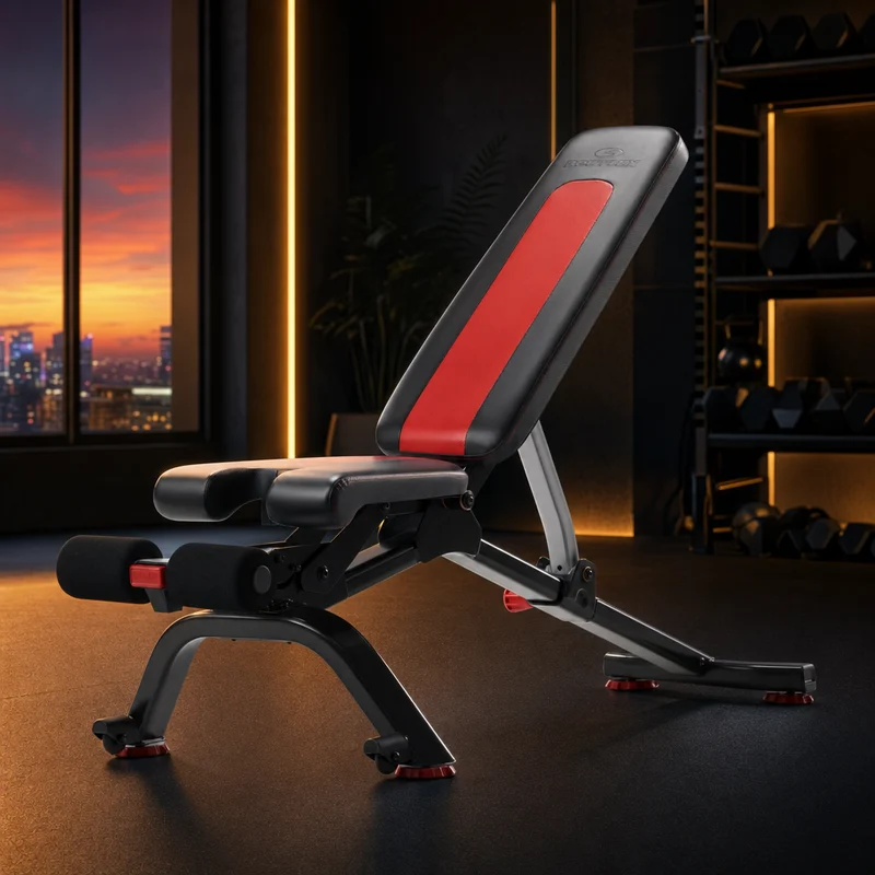 Bowflex 5.1S stowable SelectTech adjustable weight bench in black and red, shown at incline and folded vertically for storage — from Amazon listing